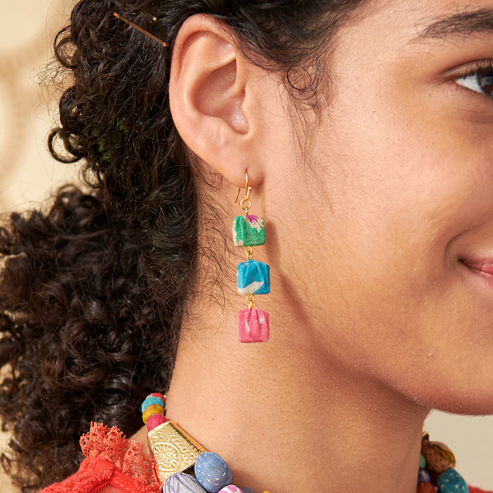 Kantha Fluid Square Trio Earrings